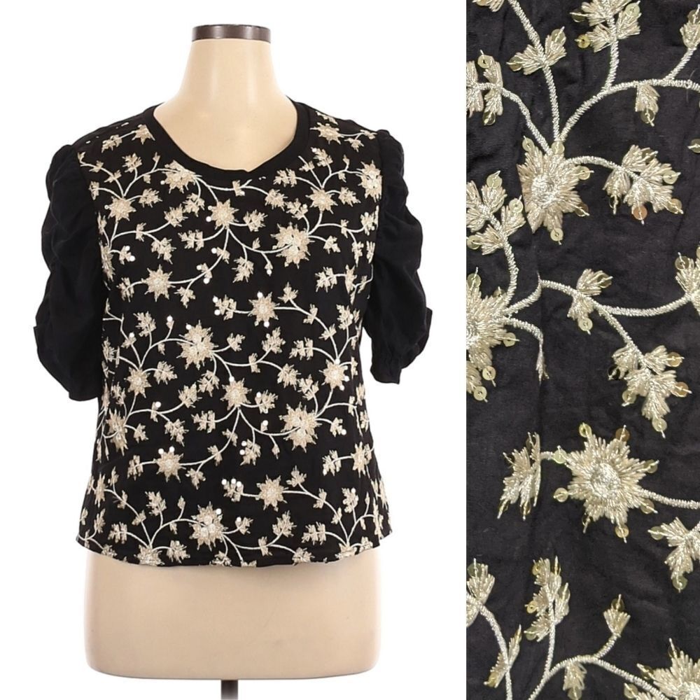 Anthropologie ISLA MAUDE Embroidered Sequin Floral Ruched Sleeve Top XL